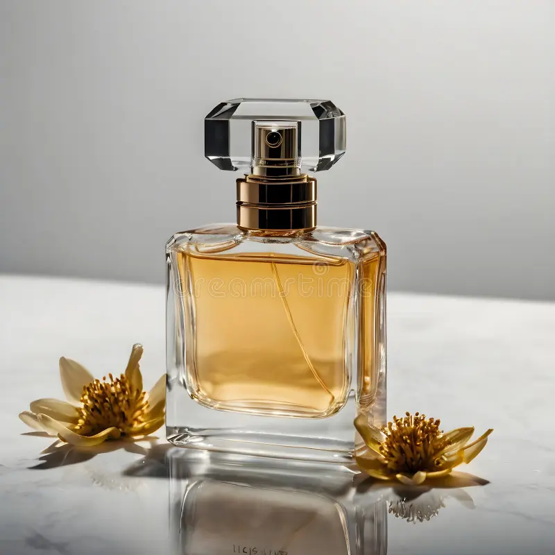 luxurious perfume bottle floral accents elegant rectangular clear glass design showcasing golden liquid inside cap 378762709