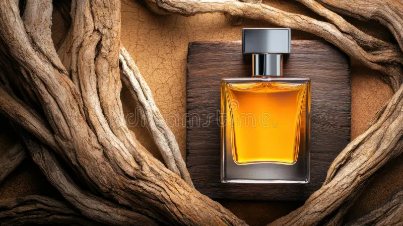 modern perfume bottle prominently placed dark wooden board accentuated rugged tree roots weathered dry wood all 353805459